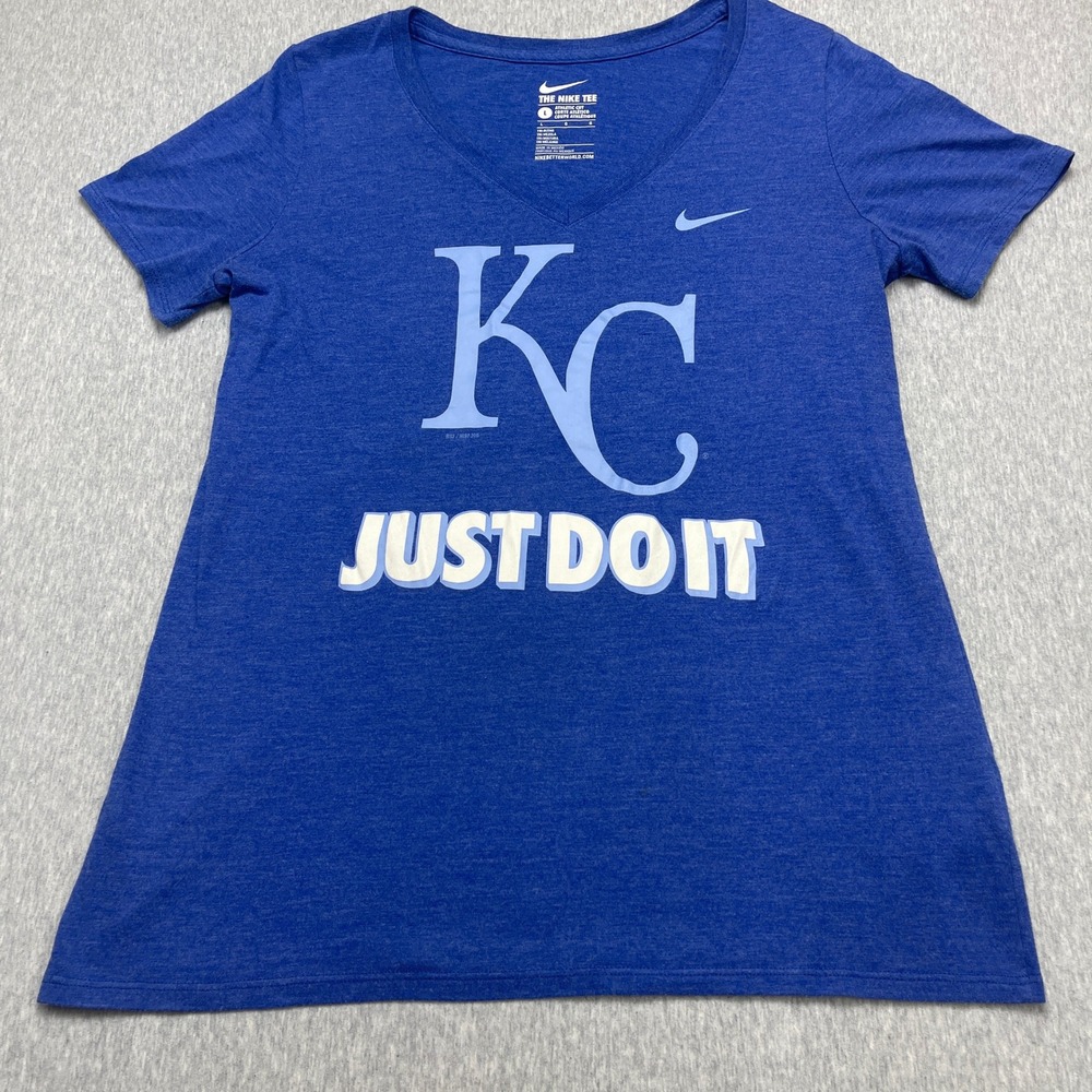 Kansas City Royals Nike T-Shirt Women L Blue MLB Baseball Just Do It V-Neck EUC